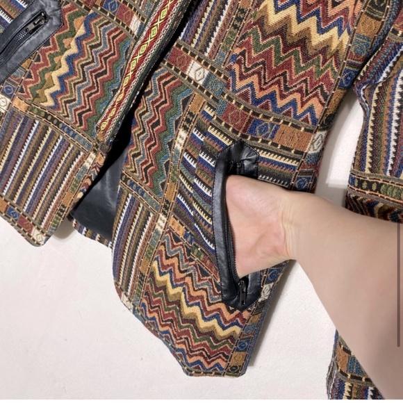 Fresh FX Chevron Stripe Jacquard Tapestry Zip Up Wide Collar Pea Style Jacket L - Picture 8 of 14